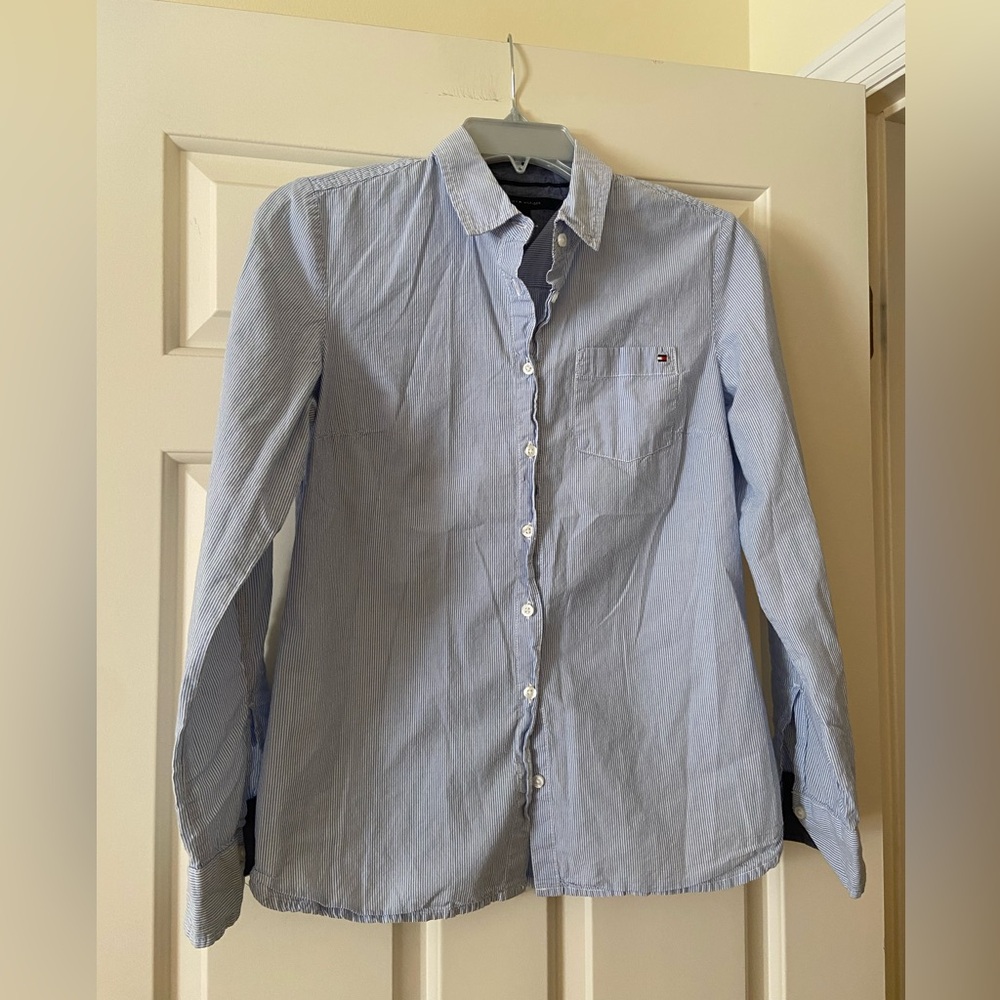 Blue and white striped button down shirt
